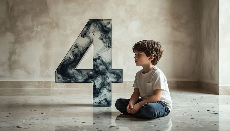 мальчик четвертого года жизни сидит на полу в пустой комнате рядом с цифрой 4