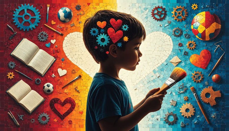 Символичная иллюстрация: силуэт ребенка, внутри которого, как мозаика, собраны разные символы: кисть (рисование), мяч (спорт), шестеренка (конструирование), сердце (дружба), книга (воображение). Одна из частей мозаики (условная "школа") немного тусклее, но общая картина яркая и гармоничная.