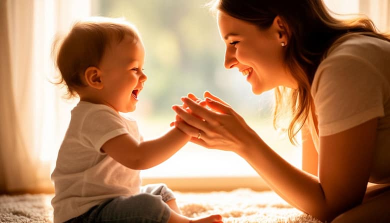 Трогательная профессиональная фотосессия в стиле лав-стори. Молодая мама и ее ребенок 9 месяцев играют в ладушки. Они сидят друг напротив друга на мягком ковре в лучах теплого солнечного света, падающего из окна. Ребенок заливается счастливым смехом, глядя в глаза матери. Мама смотрит на него с безграничной нежностью и улыбкой. Их руки соединены в игре, момент динамичный и живой. Фон размыт, в светлых пастельных тонах, чтобы подчеркнуть эмоциональную связь между ними. Высокая детализация, мягкий фокус, золотистое сияние. Стиль: Fine Art, редакционная семейная фотография.