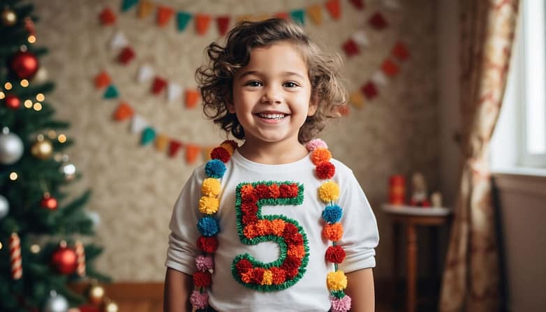 Портрет ребёнка с цифрой 5, выполненной в виде гирлянды или аппликации на одежде. Ребёнок стоит на фоне праздничной обстановки (например, украшенной комнаты). Освещение праздничное, радостное выражение лица ребёнка, чёткое изображение цифры 5».