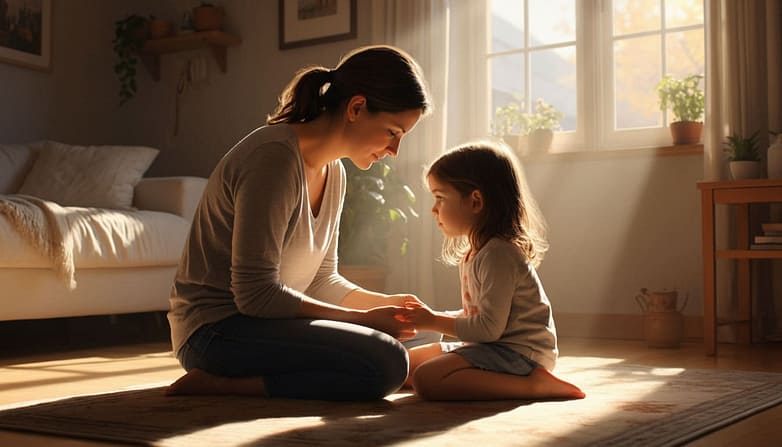 мать разговаривает с дочерью, склонившись к ней, они сидят на полу в лучах вечернего солнца.