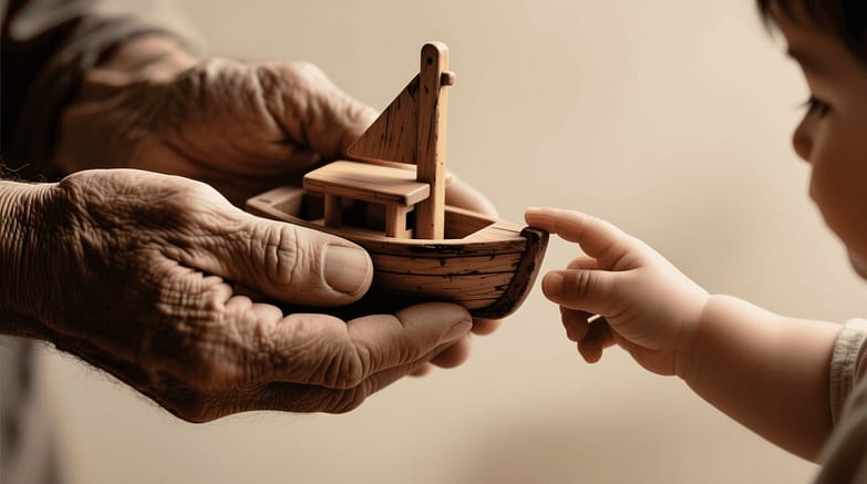 Минималистичный, ультрареалистичный снимок крупным планом для глянцевого журнала. Две пары рук: большие, умелые руки родителя бережно протягивают простую, потрепанную деревянную игрушечную лодочку маленьким, любопытным ручкам ребенка. Фон — мягкий, размытый, нейтрального тона (светло-серый или бежевый). Фокус предельно чёткий в точке соприкосновения пальцев. Мягкое направленное освещение подчёркивает текстуру кожи и дерева. Стиль: глубокий и спокойный, символизирующий любовь и простые радости от дорогих подарков.