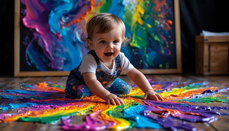 Фантастическая профессиональная фотосессия в ярких тонах. Ребенок 9 месяцев сидит в центре кадра, как маленький творец. Он с удивлением и радостью прикасается пальчиками к белому холсту, и в месте прикосновения возникают волны и брызги светящейся, неоновой краски, которые расползаются по поверхности, создавая абстрактную галактику. Краска светится изнутри, подсвечивая личико и ручки ребенка. Фон — темная, размытая студия, чтобы контрастировать с яркими цветами. Магическая, сказочная атмосфера. Стиль: фэнтези-арт, концепт-арт.