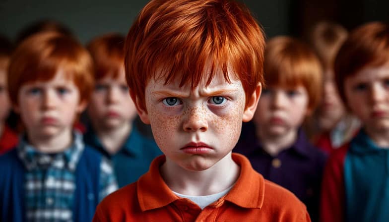 невоспитанный надменный рыжий противный ребенок-хулиган на заднем фоне все дети от него отвернулись