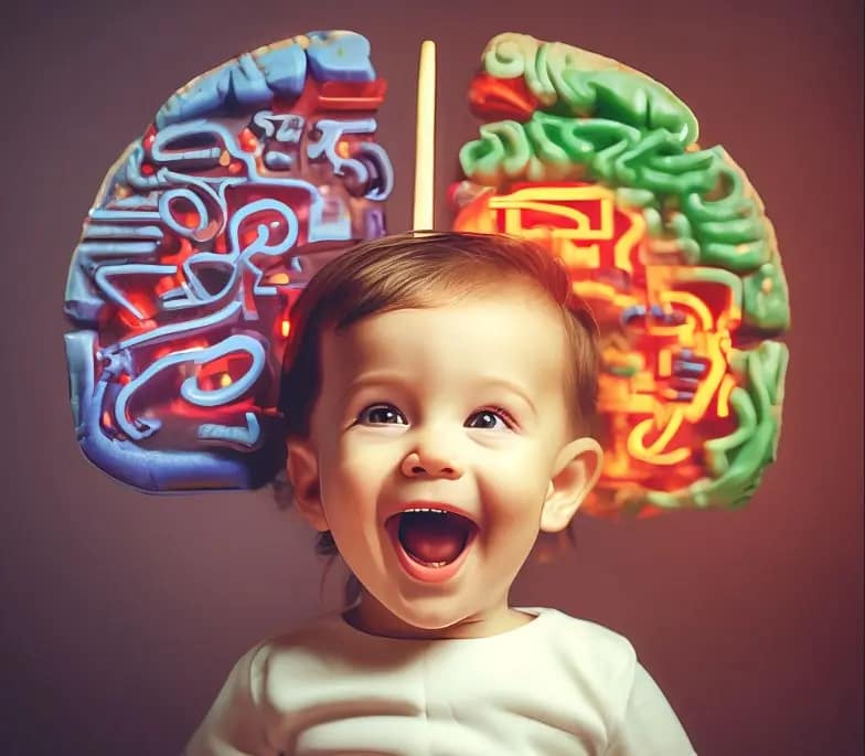 счастливый ребенок, за его головой схема полушарий мозга