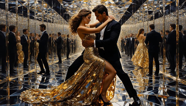 A man and woman performing an intense tango inside an infinite hall of mirrors, where every reflection shows a different emotion: desire, sorrow, ecstasy, defiance. She wears a gown made of shattered glass shards that shimmer but don’t cut; he in a tuxedo woven from shadow and starlight. Their real selves glow with golden aura, while reflections fade into monochrome. Floor is black marble reflecting their feet like water. Style: surreal fashion editorial, inspired by Pan’s Labyrinth and Alexander McQueen, high contrast, jewel tones, dreamlike precision