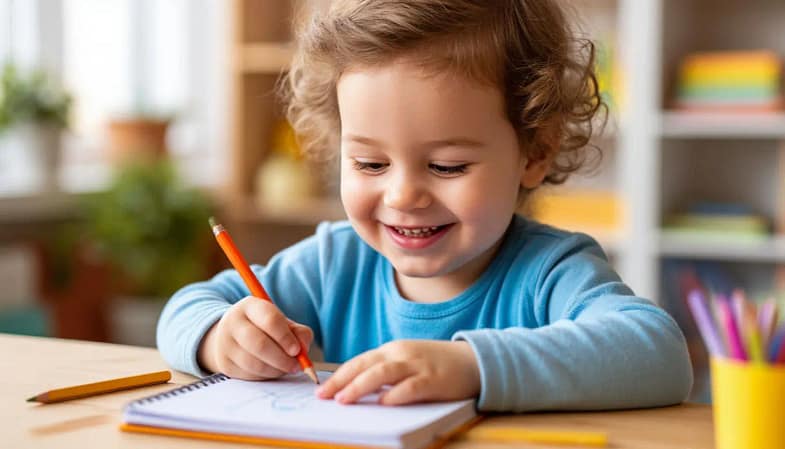 Дошкольник рисует карандашом в тетради