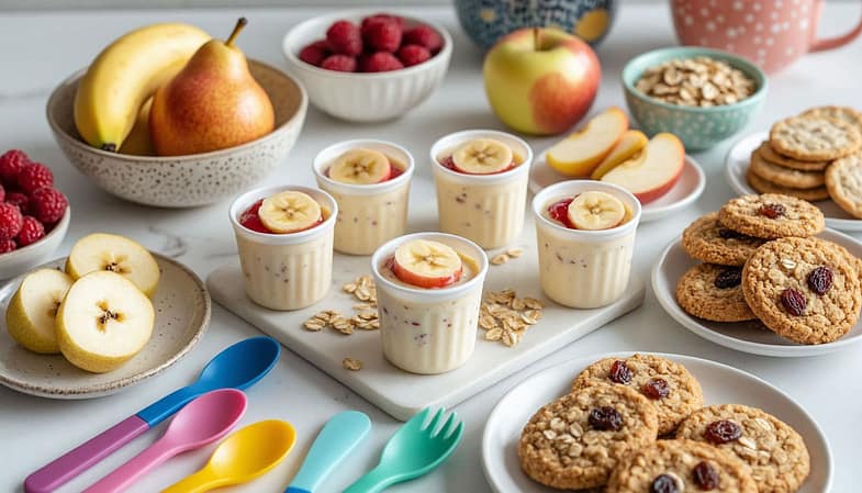 Домашнее фруктовое мороженое из банана и йогурта. Яблочные чипсы с корицей. Овсяное печенье с сухофруктами вместо сахара.