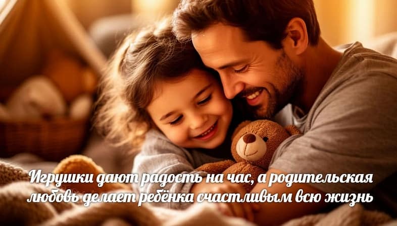 A tender, intimate moment. Close-up shot of a parent and child hugging, their faces filled with genuine joy and connection. The background is softly blurred, but visible are not perfect toys, but simple, happy mess: a blanket fort, a half-finished drawing, a single teddy bear. The lighting is warm and golden, creating a cozy, safe atmosphere. Style ультрареализм