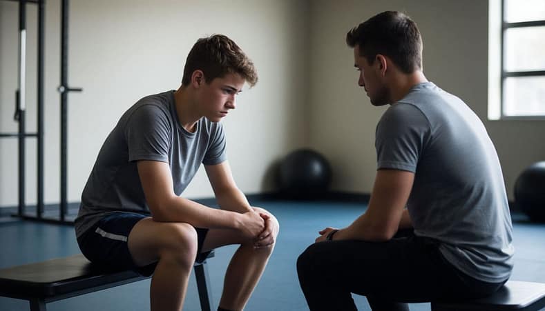 отец разговаривает с сыном-подростком в спортивном зале