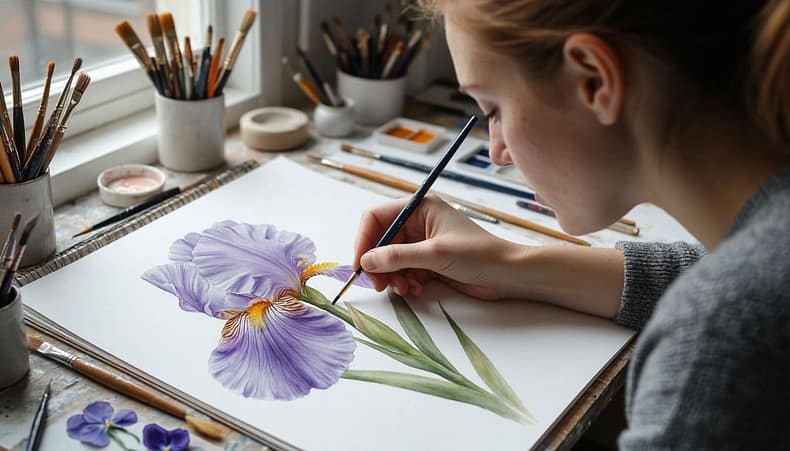 девушка рисует акварелью цветок - ирис
