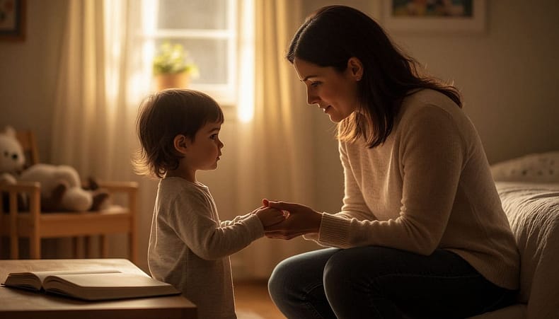 Тёплая, уютная вечерняя сцена в детской комнате с мягким тёплым освещением. мать стоит на коленях на уровне глаз маленького ребенка, бережно держит его за руки — жест честности и эмоциональной связи. У взрослый — искреннее, немного извиняющееся, но ободряющее выражение лица; подъем внимателен, слегка расстроен, но чувствует поддержку. На тумбочке — раскрытая книга, маленькая лампочка с теплым светом и часы, показывающие позднее время. Атмосфера передаёт доверие, безопасность и уважительное общение. Фотореалистичный стиль, естественные изгибы кожи, разнообразие представленных персонажей, современное освещение с контрастом теплых и холодных тонов.
