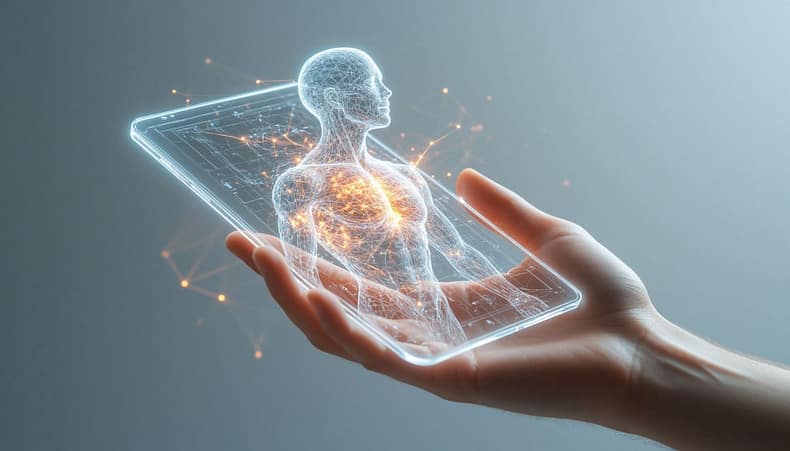 Прозрачный светящийся планшет в руке. Из планшета поднимается цифровой силуэт человека