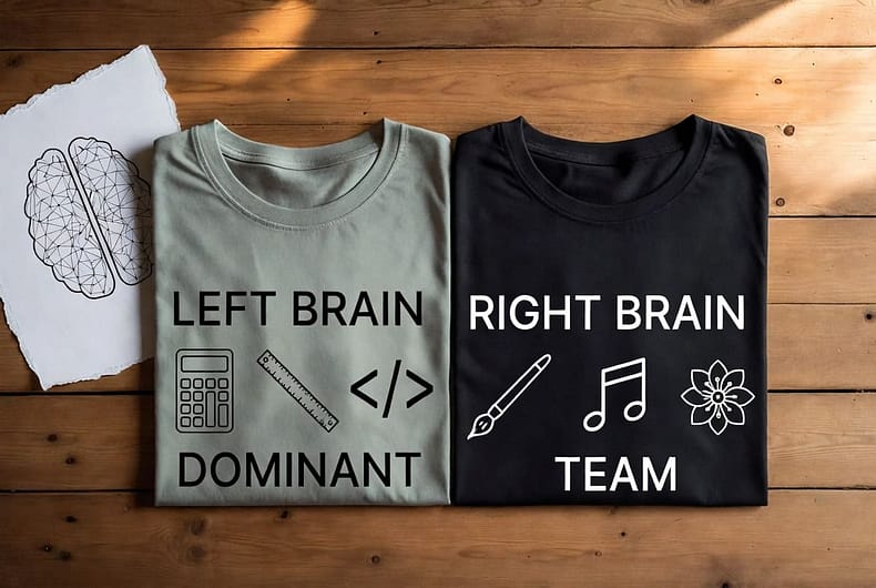 серая футболка с надписью - Доминирующий левый мозг, черная футболка - с надписью - команда правого мозга