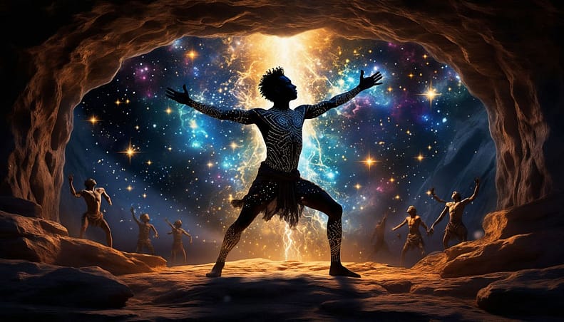 Стилизованное изображение силуэта первобытного человека в позе ритуального танца внутри темной пещеры. Его тело состоит из звездного неба и галактик. На стенах пещеры светятся петроглифы, которые оживают и превращаются в современных танцоров. Драматическое освещение, луч света падает из свода пещеры. Эпичное, таинственное настроение.