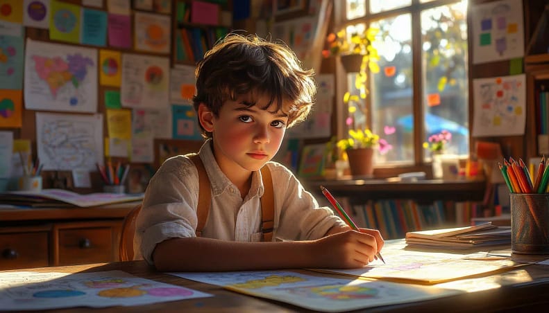 Любознательный десятилетний визуал за партой, окружённый цветными ментальными картами, рисунками и записками с диаграммами. Свет из окна подчёркивает его внимательные глаза. Стены увешаны схемами, фотографиями и хронологией событий. Ребёнок рисует цветными карандашами. тёплый, реалистичный, мягкий свет, слегка сказочный, образовательная атмосфера. Акцент на деталях: яркий цвет, организованный хаос, визуальное мышление