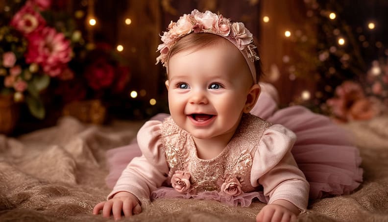 фотосессия для модного журнала ребенка трех месяцев в фантазийной обстановке, ребенок лежит в красивой одежде, улыбается, счастлив, очень красиво