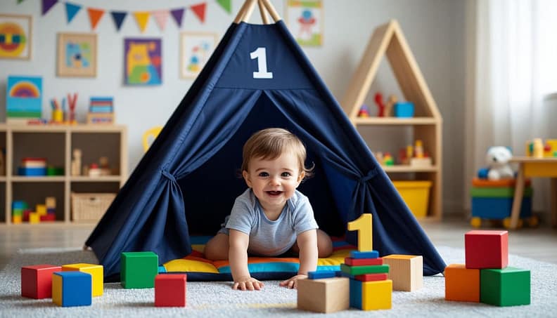 годовалый ребенок смотрит в кадр из палатки, рядом кубики