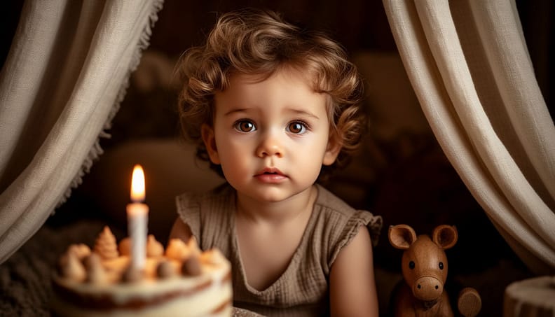 годовалый ребенок в свой день рождения. На столе торт с горящей свечой