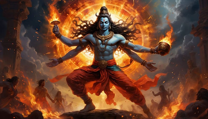 Lord Shiva as Nataraja, the Cosmic Dancer, performing the Tandava — the dance of cosmic destruction and rebirth — at the center of the universe. He has exactly four arms and two legs: Right upper hand holds the damaru (small drum of creation), Left upper hand holds agni (flame of destruction), Right lower hand shows abhaya mudra (gesture of fearlessness), Left lower hand points gracefully to his raised left foot, symbolizing liberation. His right foot presses down on the dwarf demon Apasmara (ignorance), while his left foot is lifted in a gesture of grace and salvation. He dances within a fiery circular aureole (prabhamandala) that pulses with energy, surrounded by a breathtaking cosmic panorama: swirling galaxies, glowing nebulae, distant planets with rings, constellations, and streams of golden stardust. The background is deep cosmic indigo, filled with stars of varying brightness, some forming subtle mandala-like patterns. A faint Milky Way arcs behind him. His matted locks (jata) fly outward in dynamic motion, containing the crescent moon and the river Ganges. Face serene, eyes half-closed in meditative bliss. Ornate sacred jewelry, ash-smeared body, divine golden-bronze skin tone. Style: sacred Hindu iconography fused with hyper-detailed cosmic digital art, luminous gold and bronze palette, intricate textures, divine radiance, 8k