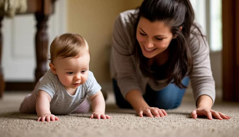 мать учит ползать ребенка