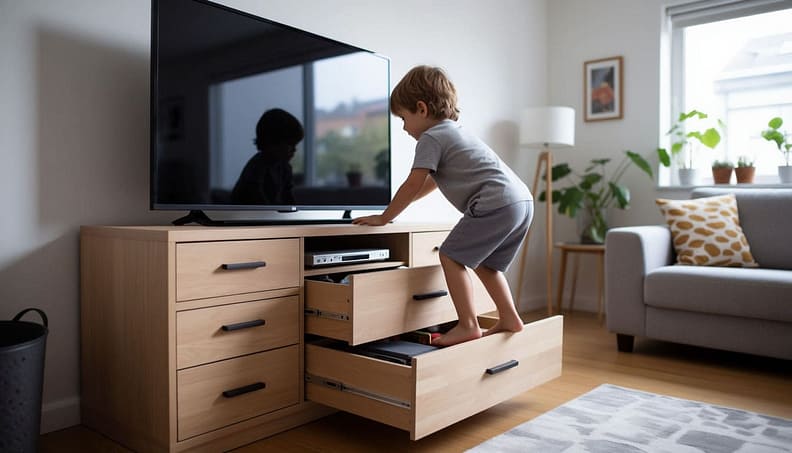 Фотореалистичная, слегка напряжённая домашняя сцена: любопытный ребёнок 4–5 лет забирается на открытые ящики высокого, неустойчивого комода, используя их как импровизированные ступеньки. На комоде: большой телевизор с плоским экраном или игровая приставка , шатко балансирующие у края. Мебель заметно шатается — одна ножка слегка приподнята над полом. Тёплое, естественное освещение в помещении, малая глубина резкости, слегка низкий угол обзора, чтобы подчеркнуть высоту и неустойчивость. Комната представляет собой типичную гостиную или спальню — уютную, но загромождённую. Взрослых нет. Стиль: интерьерная съёмка в документальном стиле, естественные оттенки кожи, высокая детализация, кинематографический реализм — выразительный, но не преувеличенный и не карикатурный.
