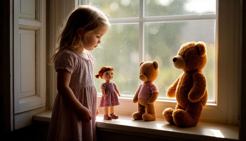 девочка стоит у окна и смотрит на игрушки - медвежат и куклу