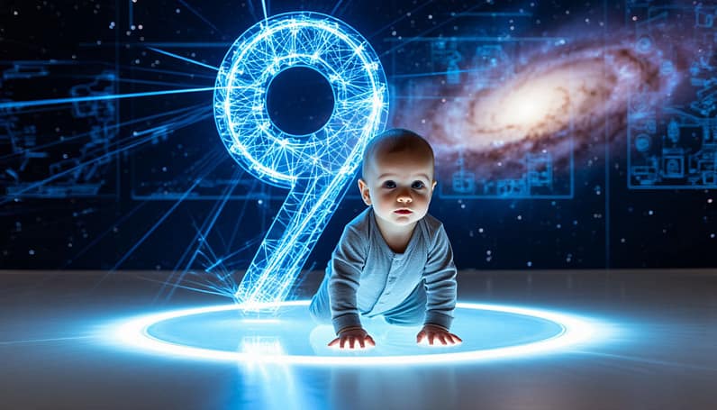 Футуристическая профессиональная фотосессия, научная фантастика. Младенец девяти месяцев, одетый в простой серый комбинезон, ползает по мягкой светящейся платформе в центре голографической комнаты. Прямо перед ним парит массивная, собранная из синих линий лазерного света, цифра 9. Цифра является интерактивным интерфейсом, от нее исходят тонкие лучи энергии. На заднем плане — звездная туманность и проекции сложных схем. Взгляд ребенка заворожен и сосредоточен. Резкость на ребенке и цифре, фон размыт. Стиль: космический футуризм, sci-fi.