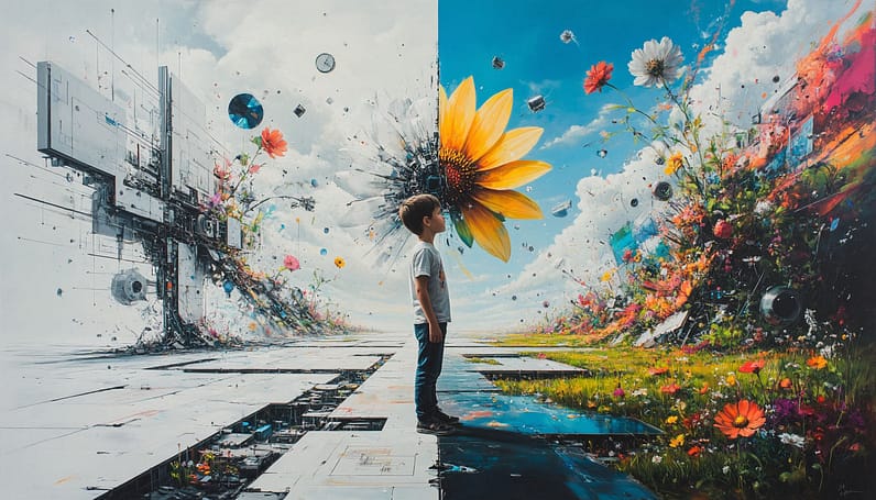 мальчик стоит перед выбором: заниматься рисованием или точными науками