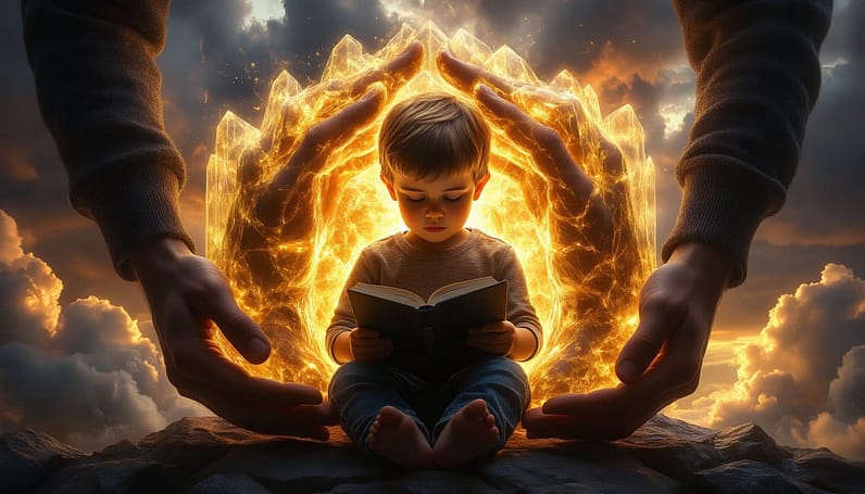 A powerful conceptual photo, hyperrealistic with a touch of magic. A child is sitting inside a majestic, translucent fortress made of interlocking, warm hands (parent's hands). The fortress glows from within with a golden light. Outside, stylized storm clouds and wind rage, but inside, the child is safe, calm, and reading a book. The atmosphere is cozy and profoundly secure. Cinematic lighting, deep shadows and warm highlights.