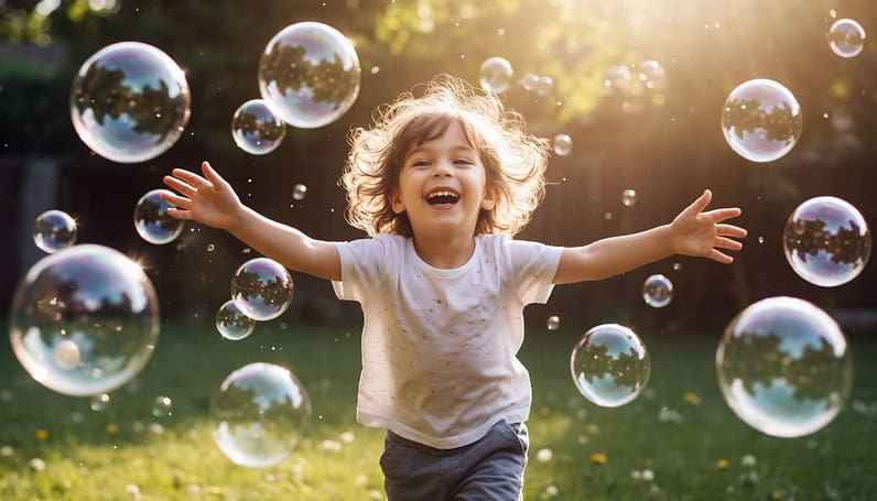 Радостный пятилетний ребёнок смеётся в прыжке в залитом солнцем саду, окружённый десятками переливающихся мыльных пузырей, падающих на утренний свет. Каждый пузырёк отражает крошечный, сказочный мир — миниатюрные леса, океаны или звёзды. Волосы ребёнка невесомо развеваются, глаза прищурены от восторга, руки раскинуты в воздухе, словно в полёте. Снято в ультразамедленной съёмке, в золотистом солнечном свете, с малой глубиной резкости, в пастельных и перламутровых тонах, с неземным сиянием. Фотореалистично и в то же время волшебно — застывший момент детской эйфории.