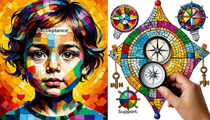 Композиция-коллаж, разделенная на две части. Левая часть: абстрактный портрет ребенка, собранный из разноцветных мозаичных кусочков, символов сильных сторон (лампочка для креативности, сердце для эмпатии). Надпись: "Принятие". Правая часть: те же самые мозаичные кусочки, но теперь они складываются в инструменты: увеличительное стекло, компас, ключ. Рука аккуратно вставляет последний элемент-ключ на место. Надпись: "Поддержка". Обе части гармонично соединены.