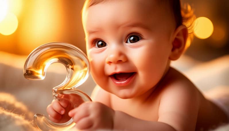 A breathtaking close-up portrait of a curious three-month-old baby, gazing directly at the camera with a slight gummy smile. The baby's cheek is gently touching a large, translucent acrylic number 3 that reflects the light. Warm, golden hour lighting creates a magical and tender atmosphere. The background is a soft, creamy bokeh. Magazine cover design, ultra-realistic, photorealistic, sharp focus, incredible detail.