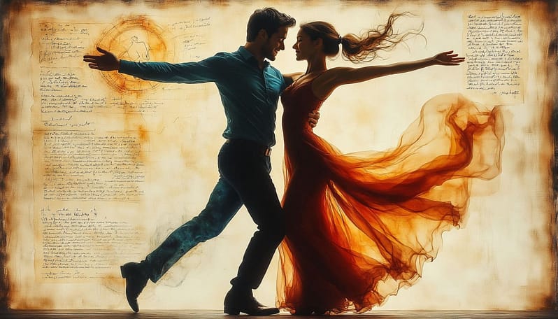 Красивая абстрактная композиция: танцующая пара в плавных, размытых движениях. Их фигуры полупрозрачные, состоят из водяных красок и света. Фон — текстура старого пергамента с едва заметными древними рисунками. Чувство радости, свободы и непрерывного движения. Акварельная живопись в смешении с цифровой графикой.