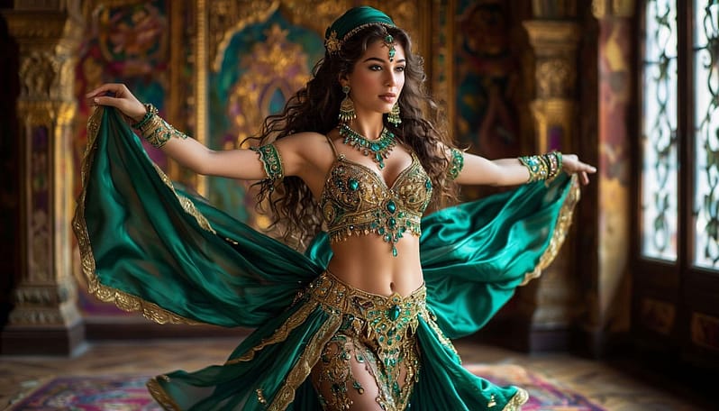 Шехерезада в стиле барокко: искусство танца живота как символ роскоши и жизни. Невероятно красивая танцовщица в момент страстного, плавного движения, ее тело — воплощение грации и силы. На ней великолепный костюм из роскошных золотых и изумрудных тканей: расшитый бисером и драгоценными камнями лиф, низ из полупрозрачных шелковых шарфов, подчеркивающих каждый изгиб. Мягкие, соблазнительные линии тела в движении. Тонкий пояс-харам с золотыми монетами, которые мерцают и позванивают в такт ритму. Ее длинные черные волосы развеваются, смешиваясь с шарфами. Вокруг нее — облако из легких шелковых тканей, закрученных вихрем движения, создающих ощущение полета и невесомости. Богато украшенный интерьер восточного дворца: низкие диваны с парчовыми подушками, ажурные медные светильники, отбрасывающие таинственные тени, ковры с сложными узорами. В воздухе летают лепестки роз и ароматные клубы дыма благовоний. На лице танцовщицы — загадочная улыбка, полная уверенности и очарования. Драматическое, теплое освещение, с золотыми лучами, подчеркивающими текстуру тканей и сияние украшений. Высокая детализация, фотографический реализм, чувственная и элегантная эстетика.