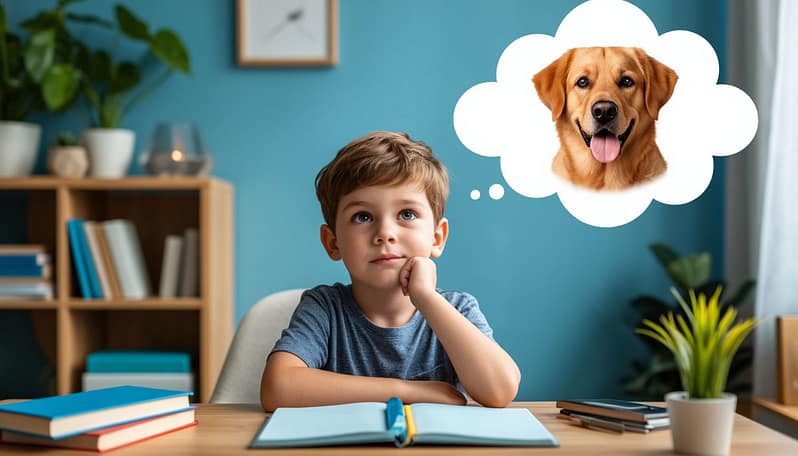 ребенок сидит с дома за письменным столом задумчивым видом, а над его головой облачко в котором мордочка счастливой собаки