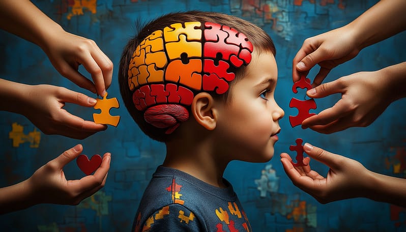 Силуэт ребенка в профиле. Внутри силуэта несколько рук с разных сторон собирают пазл. На элементах пазла — иконки: мозг, язык, сердце, шестеренка. Собранный пазл образует четкую дорогу вперед. Светлая цветовая палитра.