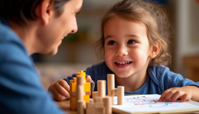 Трогательное реалистичное фото. Крупный план родителя, который с безусловной любовью и восхищением смотрит на своего ребенка. В отражении в зрачке родителя видно не пятерку в дневнике, а улыбающееся лицо ребенка, излучающее доброту и упорство. Ребенок в кадре занят своим уникальным делом (строит необычный замок из палок, рисует странное, но гениальное существо). Фон размыт, акцент на эмоциях и связи между ними. Стиль: фотография с глубоким эмоциональным резонансом.