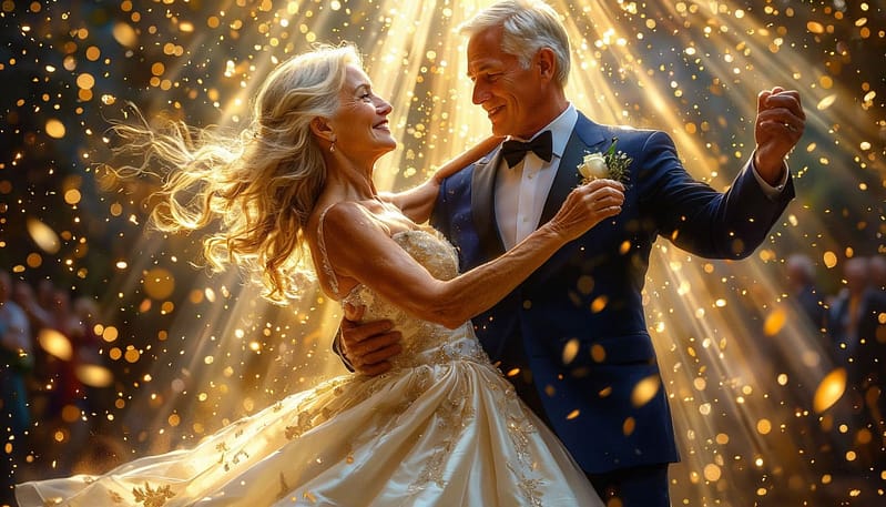 Timeless love: an elegant senior couple dancing under a cascade of golden sparkles and ethereal light rays. They move in perfect harmony, arms extended, eyes locked — he in a tailored midnight-blue tuxedo, she in an ivory silk gown with metallic thread embroidery that catches the light. Motion blur emphasizes their spin, surrounded by swirling golden particles like stardust. Setting: minimalist opulent space with reflective marble floor and soft ambient glow. Style: modern luxury magazine cover, hyperrealistic, dreamy yet sharp, rich contrast, luminous skin, fashion photography by Annie Leibovitz