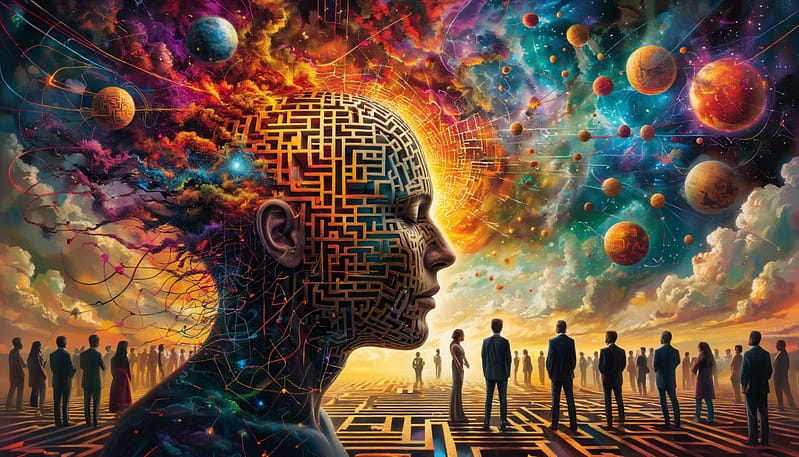 Сложная композиция, иллюстрирующая сильные стороны мышления. В центре — голова человека в профиль, из которой "вырастают" различные элементы: лабиринт, ведущий к неочевидному выходу (нестандартное мышление), парящие 3D-геометрические фигуры (пространственный интеллект), всплеск красок и абстрактных форм (креативность), паутина связей, где выделена главная нить (системное мышление), и силуэты людей, которые сотрудничают (эмпатия). Стиль: цифровая живопись, детализированная, теплые и яркие акценты на синем фоне.