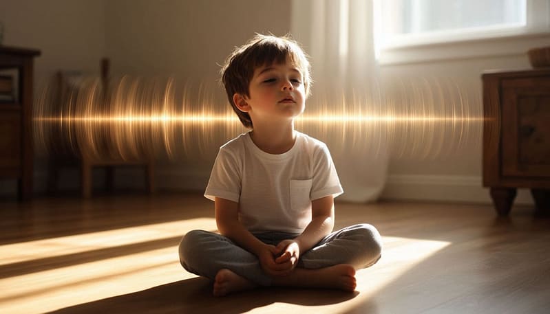Ультрареалистичная, кинематографическая фотография на обложке премиального журнала о детском развитии. 4–5-летний ребенок сидит, скрестив ноги, на залитом солнцем дубовом полу, его глаза слегка закрыты, голова слегка наклонена, как будто он внимательно слушает. Тонкие, полупрозрачные звуковые волны, переданные как нежные золотистые концентрические круги, исходят от голоса родителя за кадром, струятся по воздуху и мягко обволакивают ухо ребенка, словно невидимый шелк. Дополнительные мягкие волны поднимаются от близлежащей открытой книги, колокольчиков у окна и деревянной музыкальной шкатулки на низкой полке — все это источники значимого звука. Сцена основана на реализме: натуральная льняная одежда, тканый ковер, бумажные текстуры, теплый золотистый свет с прохладными тенями. Звуковые волны не мультяшные, а воздушные и светящиеся — скорее как марево или преломление света — усиливая настроение, не нарушая реализма. Снято на высококачественный фикс-объектив (например, Leica APO-Summicron), малая глубина резкости, сверхвысокая детализация, тактильные текстуры, сбалансированное тёпло-холодное освещение. Атмосфера глубокой сенсорной связи, тихого присутствия и невидимой силы слуха. Без текста. Изысканность журнальной обложки с поэтической визуальной метафорой.