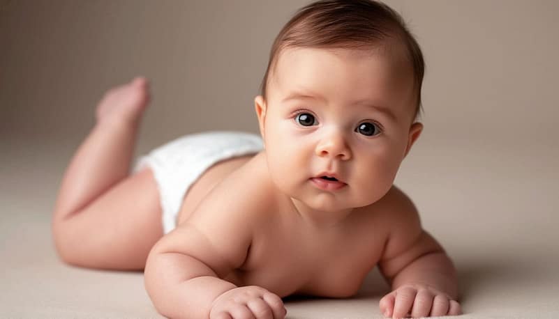 Cover of a high-end "Healthy Parenting" magazine, featuring a stunningly beautiful, happy 3-month-old baby. The baby has perfectly rosy, chubby cheeks and adorable skin folds on plump arms and legs. The child is the epitome of health and joy. **Style & Execution:** Professional studio photography, soft natural lighting from a large window, creating a gentle, airy atmosphere. Sharp focus on the baby's face. Shallow depth of field, clean minimalist pastel background (soft beige or light grey). **Art Direction:** Style of Vogue Baby or Magnolia Journal. Warm, natural, and sophisticated tone. The image should feel luxurious, wholesome, and heartwarming.