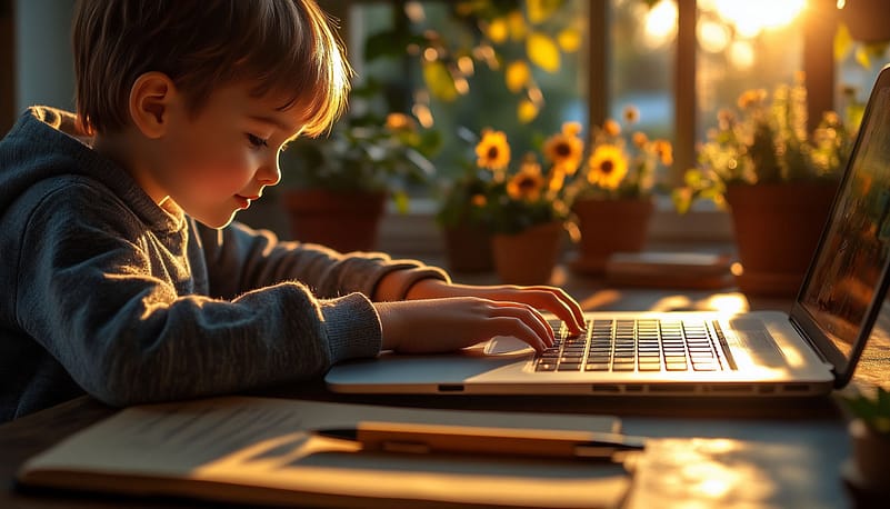 ребенок учится печатать на ноутбуке