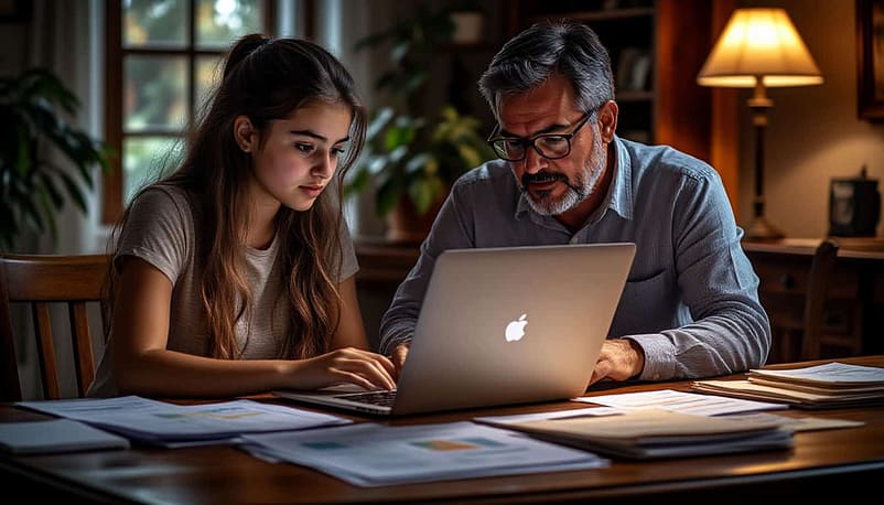 Девочка пятнадцати лет помогает отцу выбрать новую технику, показывая ему сравнительную таблицу на ноутбуке. Они сидят за столом, уставленным бумагами. Оба серьезны и вовлечены в процесс. Сцена демонстрирует доверие, уважение и совместную работу. Стиль -- фотореалистичное изображение, теплые тона.