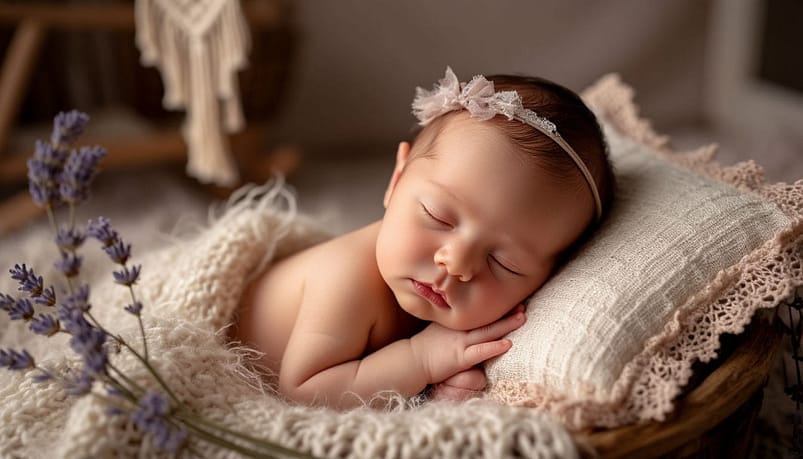 девочка 2 месяцев спит на красивой подушке, укрыта мягким одеялом. на одеяле цветы лаванды