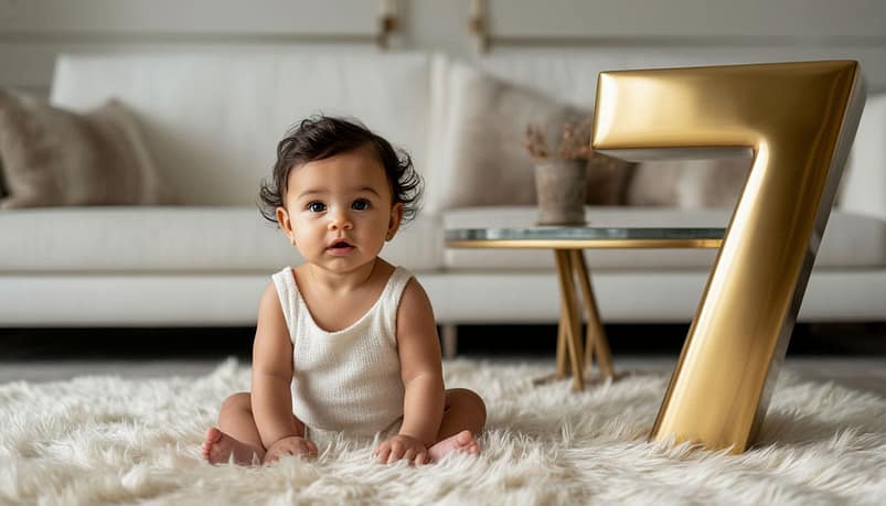 Professional editorial photography for Vogue Baby magazine. A seven-month-old baby girl with bright, curious eyes, sitting confidently on a plush ivory fur rug in a minimalist luxury loft. Directly beside her, dominating the frame, stands a colossal, floor-to-ceiling mirror polished to a flawless finish, its frame sculpted into the exact, elegant shape of the number "7" in brushed gold. The baby’s reflection is perfectly centered within the curve of the “7”, creating a powerful visual metaphor