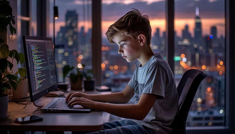 школьник занимается программированием, пишет код на компьютере за своим столом дома. За окном огни вечернего города
