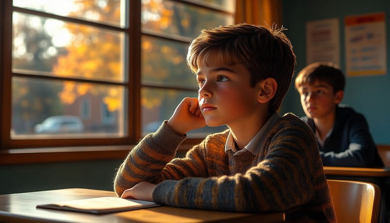 Средний план задумчивого десятилетнего мальчика в школьном классе. Он сидит за партой. Голова повернута к окну. Он смотрит в освещенное солнцем окно, он погружен в мечты. В окне видно слабое отражение деревьев и неба. за ним сидит внимательный одноклассник и тянет вверх руку для ответа. Стиль фотореалистичный, с кинематографическим освещением, передающий момент тихого отвлечения и скуки. Эмоция: задумчивая, рассеянная.