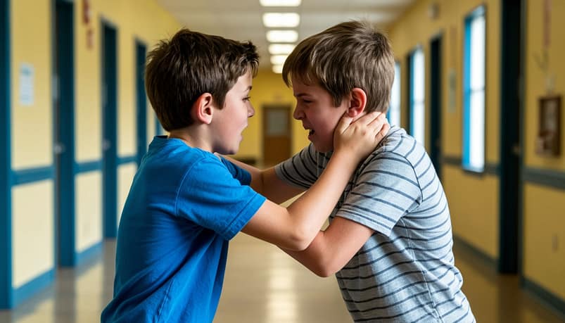 мальчики дерутся в школьном коридоре