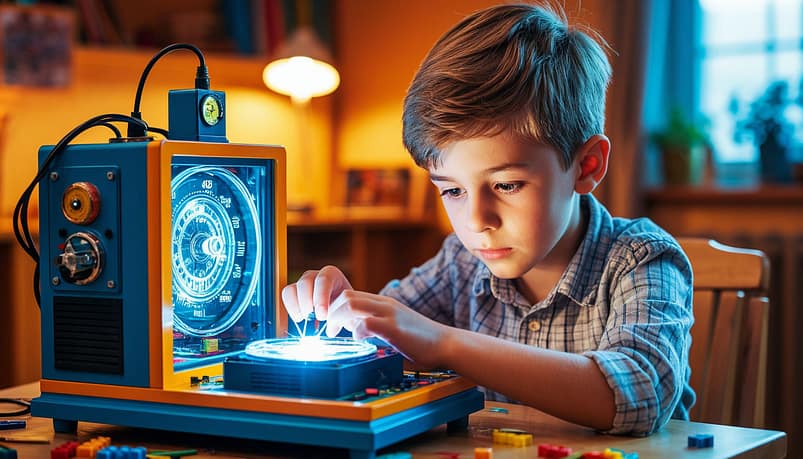 Школьник с сияющими глазами собирает машину для перемещения во времени. яркая палитра, позитивная и современная атмосфера